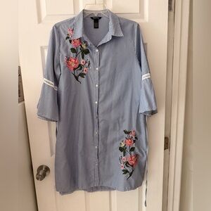 Embroidered Tunic Shirt Dress Blue Striped Floral Button Down Bell Sleeves